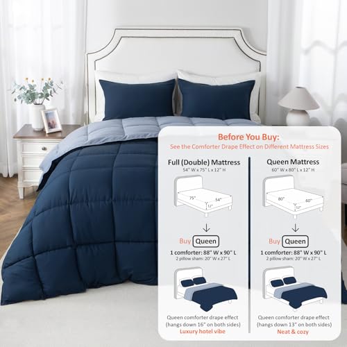 Image of KASENTEX Queen Comforter Set, Reversible,Goose Down Alternative,All Season | 250 GSM Fill, Ultra-Soft, Lightweight, Machine Washable, 1 Comforter + 2 Pillow Shams, Dress Blues /Tempest
