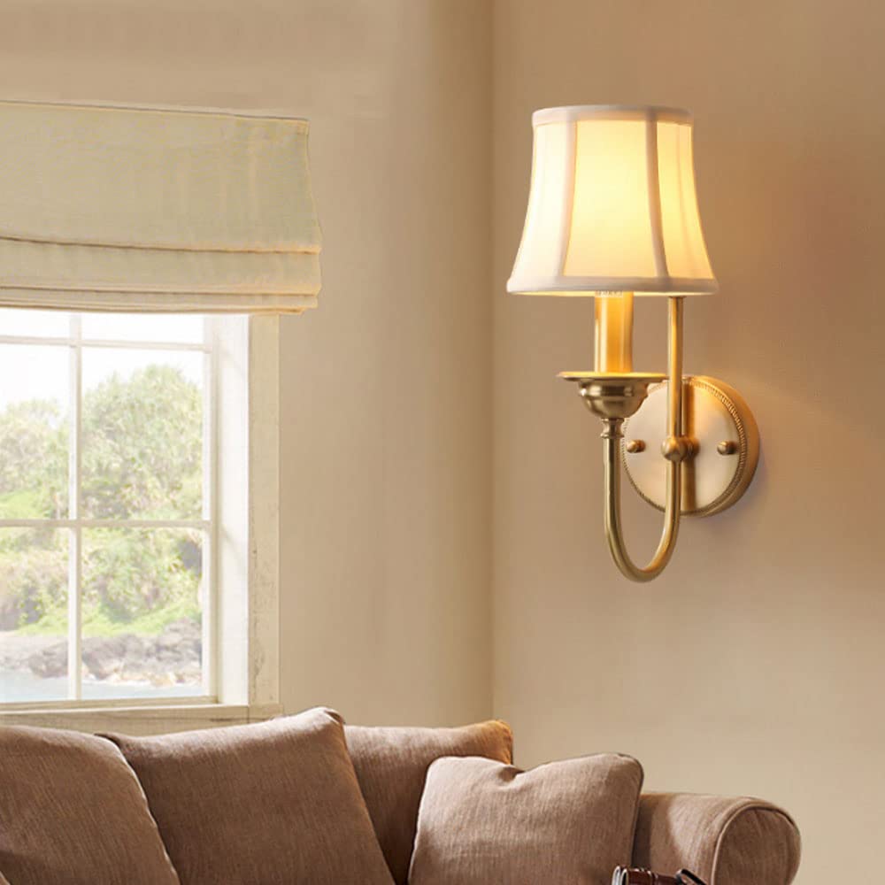 Wall Lamp E14 Retro Fabric Light Single Head Full Copper Sconce Simple Living Room Decorative Lantern American Style Country Bedroom Balcony Corridor Fixture