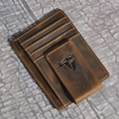 RFID Genuine Leather Money Clip Wallet, Credit Card Case Holder, Front Pocket Slim Wallet, Wild Style (A Brown)2