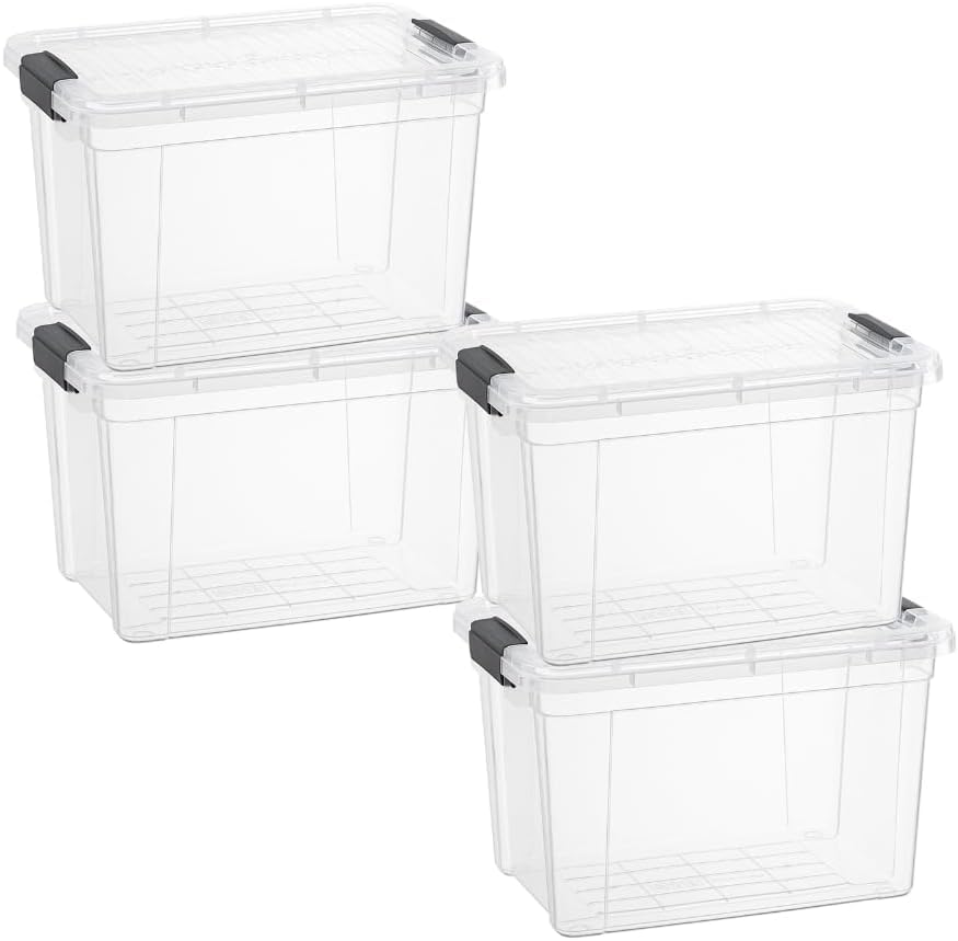 Image of Superio Clear Storage Bins with Lids, Stackable Deep Storage Boxes with Latches and Handles, Extra Small, 4 Pack, Deep Containers for Home, Garage, and Kitchen