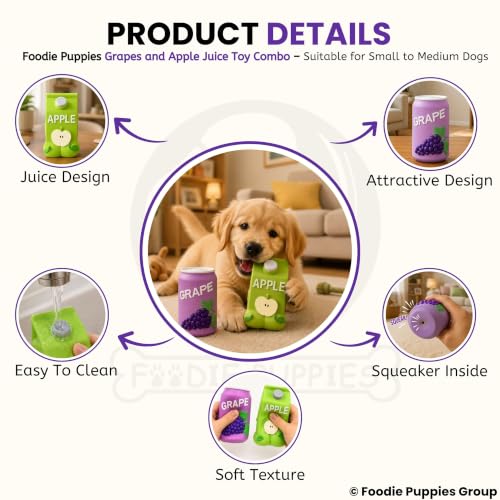 Image of Foodie Puppies Natural Latex Squeaky Play Drink Chew Toy Combo of 2 (Grapes and Apple Juice Toy) for Small to Medium Dogs | Durable, Interactive, Fetch & Chew Safe Play Toy