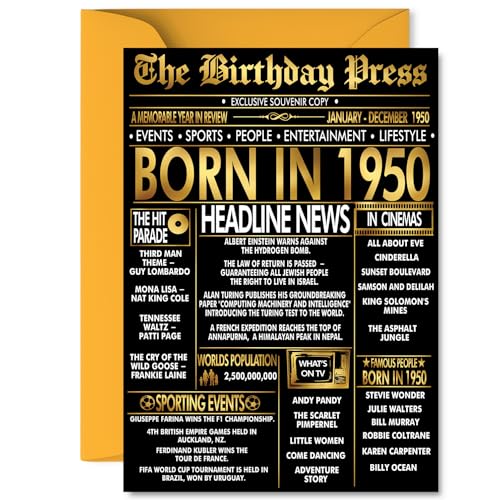 Gold 76th Birthday Card for Men Women - Black & Golden Newspaper Born in 1950 - Happy 76 Birthday Cards for Grandad Dad Brother Sister Grandma Auntie, A5 Bday Greeting Cards