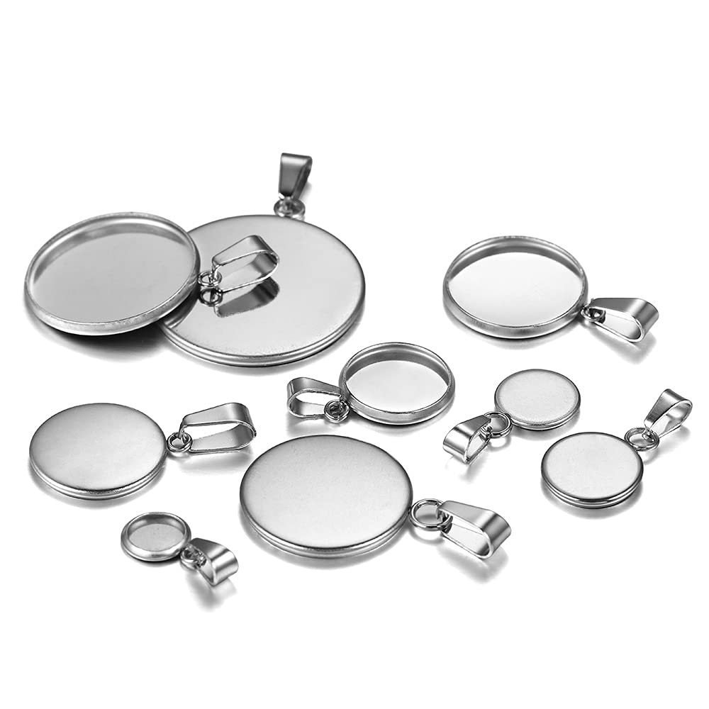 AGCFABS 10pcs/lot 6-30mm Stainless Steel Blank Trays Pendant Settings With Clasps Cabochon Base Bezel For DIY Jewelry Making Supplies (Blank Base,