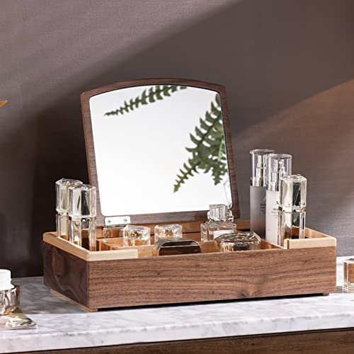 DS DeSean Wooden Makeup Storage Organizer, Cosmetic Makeup Storage Box with Mirror for Countertop, Vanity Display Case for Skincare Perfume Beauty, 1 Drawer Trays, Wood