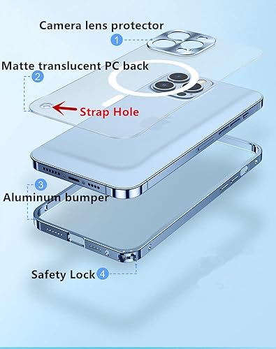 Miniatura 4 de Funda magnética para iPhone 14 Pro compatible con MagSafe de aleación de aluminio de metal parachoques mate translúcido con protector de lente de