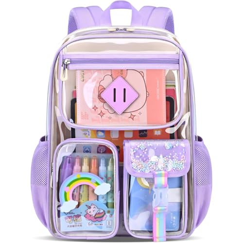 Clear Transparent Backpack for kids,Heavy Duty PVC Cute School Bookbag for Girls Boys Stadium Approved See Through Backpack (PURPLE)