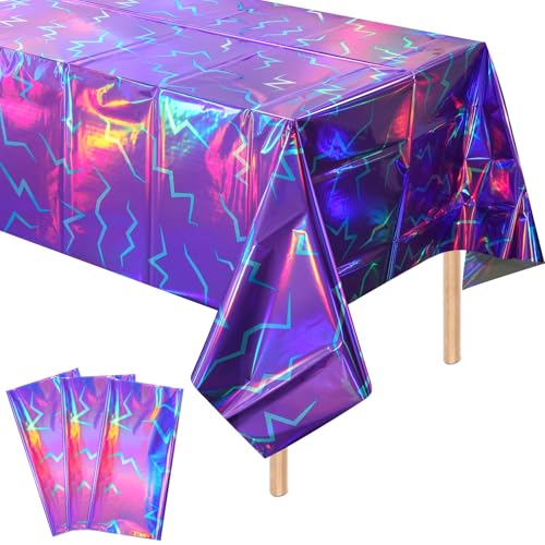 3 Pack Iridescent Purple and Blue Kpop Plastic Tablecloth 54x108 Inch Holographic Laser Disposable Table Cover Rectangle Purple and Blue Table Cloth for Kpop Halloween Birthday Party Decorations