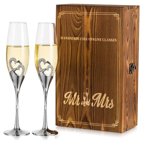 Inweder Flute Champagne Verre Cadeau Mariage Lot de 2 Argent Coupe Champagne avec Coffret Cadeau en Bois Gravé Flûtes à Champagne Anniversaire Demoiselle Honneur...