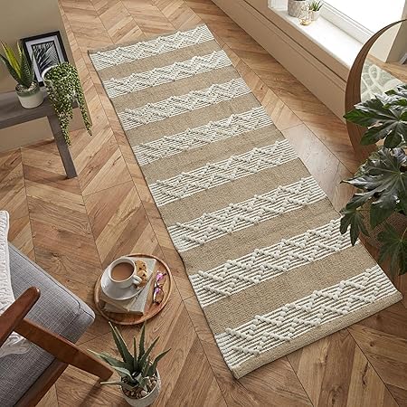 Slazie Handwoven Cotton Area Rug Carpet 2x5 Feet |Boho Modern Minimalist Bed Runner with Knotted Tassel Ends|Pure Cotton Floor Mat for Bedroom, Living Room & Entryway|Beige |CR011-image-29