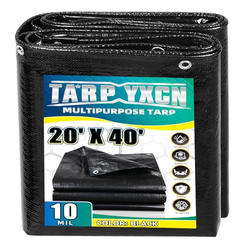 TA*RP YXCN Black Tarp 20x40 Feet 10 Mil Thick Waterproof Poly Tarps Cover UV Resistant Rip & Tear Proof with Metal Grommets Every 20 Inches