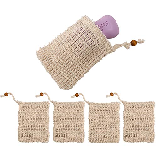 5 Pack Soap Bags, Tiction Natural Sisal Soap Saver Bags Soap Exfoliating Bag Mesh Bar Soap Pouch Loofah Net Bags with Drawstring For Foaming and Drying Soap, Bath Shower Massaging Scrubbing Use