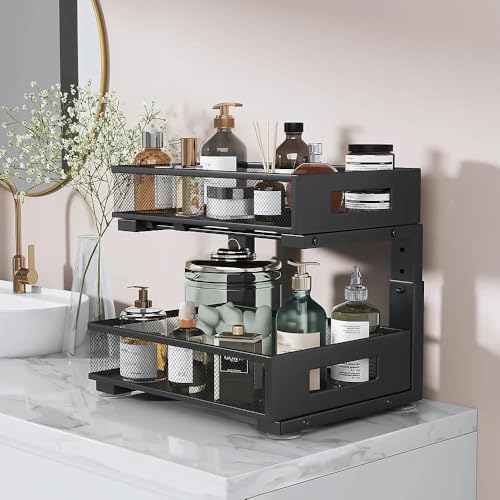 Image of Under Sink Organizer, 2-Tier Dual Pull Out Cabinet Organizer Drawers With Smooth Circular Rail, Large Capacity Metal Mesh Sliding Shelves For Bathroom& Kitchen Storage,Height Adjustable-Black,1 Pack