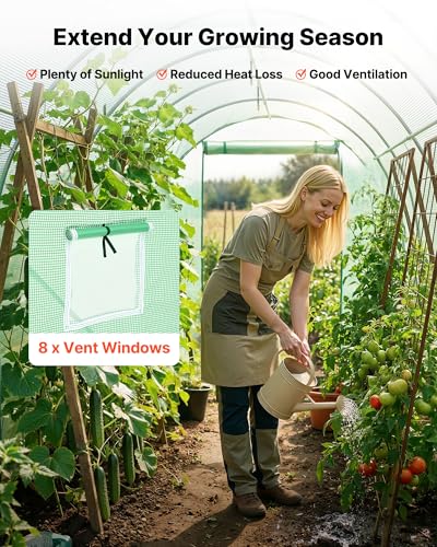Image of VEVOR Walk-in Tunnel Greenhouse, 15 x 7 x 7 ft Hoop House Greenhouse Tunnel with Watering System, Plant Hot House with Steel Frame, PE Cover, Roll-Up Zipper Door and 8 Windows for Outdoors, Green