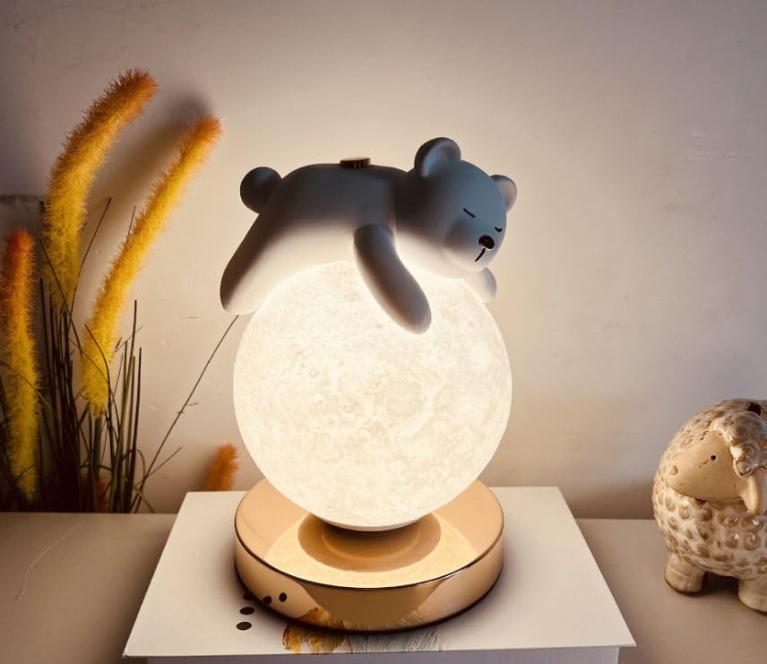 Image of CIMPEX Decorative Cute Teddy Figurine Moon Lamp Night Light, with USB Powered for Room Decoration, Gifting, Birthday, Anniversary, Christmas Light, Dimmable, 3 Ways Color Changing