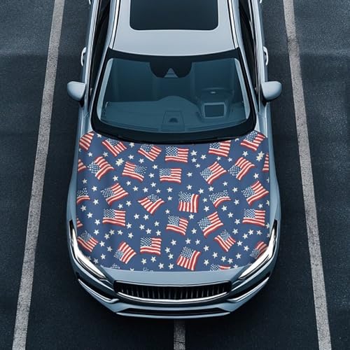Image of 59x39 Inch Hood Cover for Compact Cars SUV Sedans Trucks, American Flag Waterproof Stretchable Car Hood Wraps Auto Banner Auto Dcorative Accessories