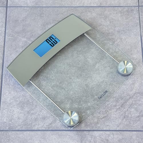Image of Taylor Digital Scales for Body Weight, Extra High 440 LB Capacity, Unique Blue LCD, Stainless Steel Accents Glass Platform, 12.4 x 12.4 Inches, Clear