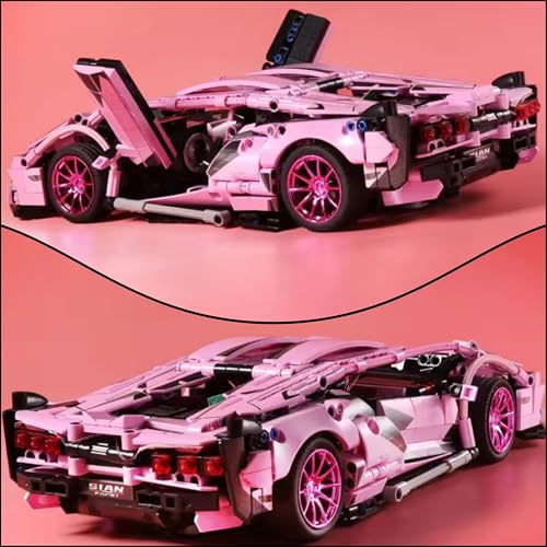Image of 1:18 Scale Racing Car Building Block Set - Pull Back DIY Assembly Supercar Model | Compatible Bricks Toy for Kids, Adults, Collectors & Racing Car Lovers (Yellow Lamborghini) (Pink)