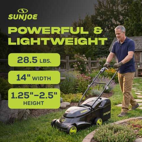 Image of Sun Joe MJ24C-14-XR 24V IONMAX Walk-Behind Lawn Mower with 600W Motor, 14-Inch Mowing Width, Includes Collection Bag, Battery, and Charger