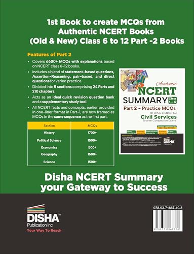 Image of Disha Authentic NCERT Summary (Class 6 to 12) Part 2 - Practice MCQs for UPSC & State PSC Civil Services & other Competitive Exams | Old & New NCERT General Studies | IAS Prelims