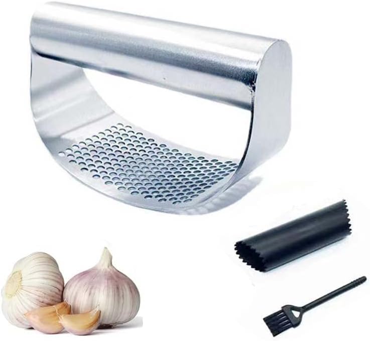 Garlic Press Rocker Set, Full Stainless Steel Hand Held Garlic Press+ Silicone Garlic Peeler + Cleaning Brush