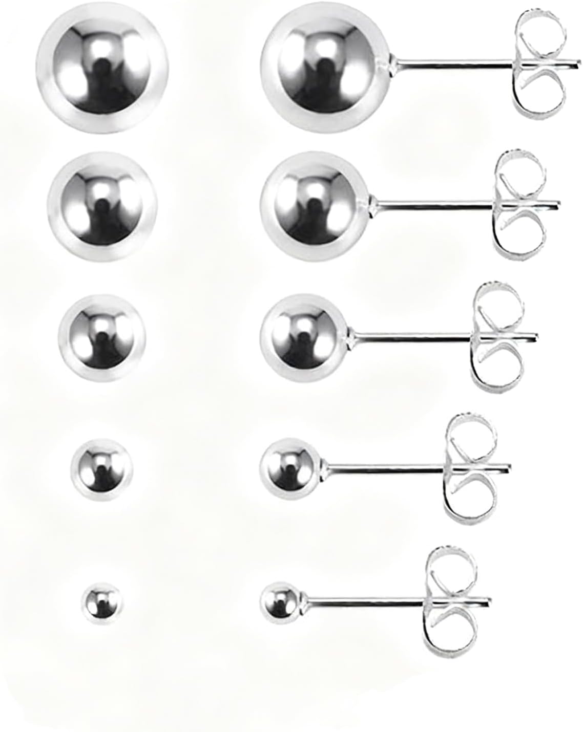 5 Pair Sterling Silver Stud Earrings,Sterling Silver Ball Stud,Simple Polished Ball Studs,Hypoallergenic Jewellery for Sensitive Ears,3/4/5/6/7MM,Multiple Sizes to Match Most Clothes(Steel Color)