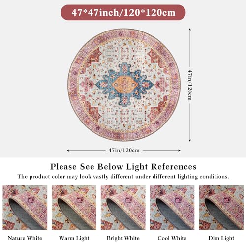 Moynesa Ultra-Thin Washable Round Rug - 4ft Pink Oriental Circle Area Rugs for Nursery Bedroom, Vintage Non Slip Non Shedding Low Pile Carpet for Living Room Coffee Table Entryway