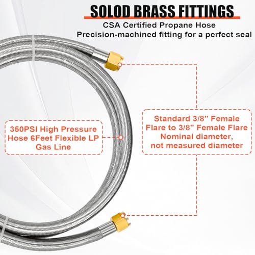 Image of 6 FT Propane Hose Extension 3 /8 inch Female Flare x Female Flare, CSA Certification Stainless Steel Braided Propane Flexible LP Gas Line with Solid Brass Fittings for RV, Grill, Fire Pit, Heater, Stove