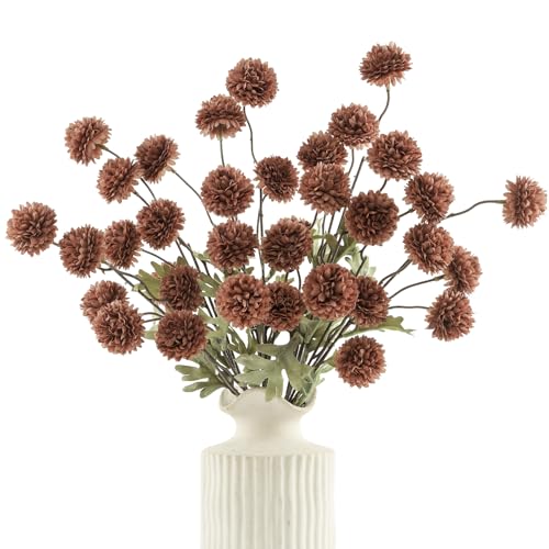 DuHouse 6pcs Artificial Flowers Faux Silk Pompon Mum Silk Small Mini Chrysanthemum Ball with Stems for DIY Bouquets Centerpieces Vase Home Table Kitchen Decorations(Mocha Brown)