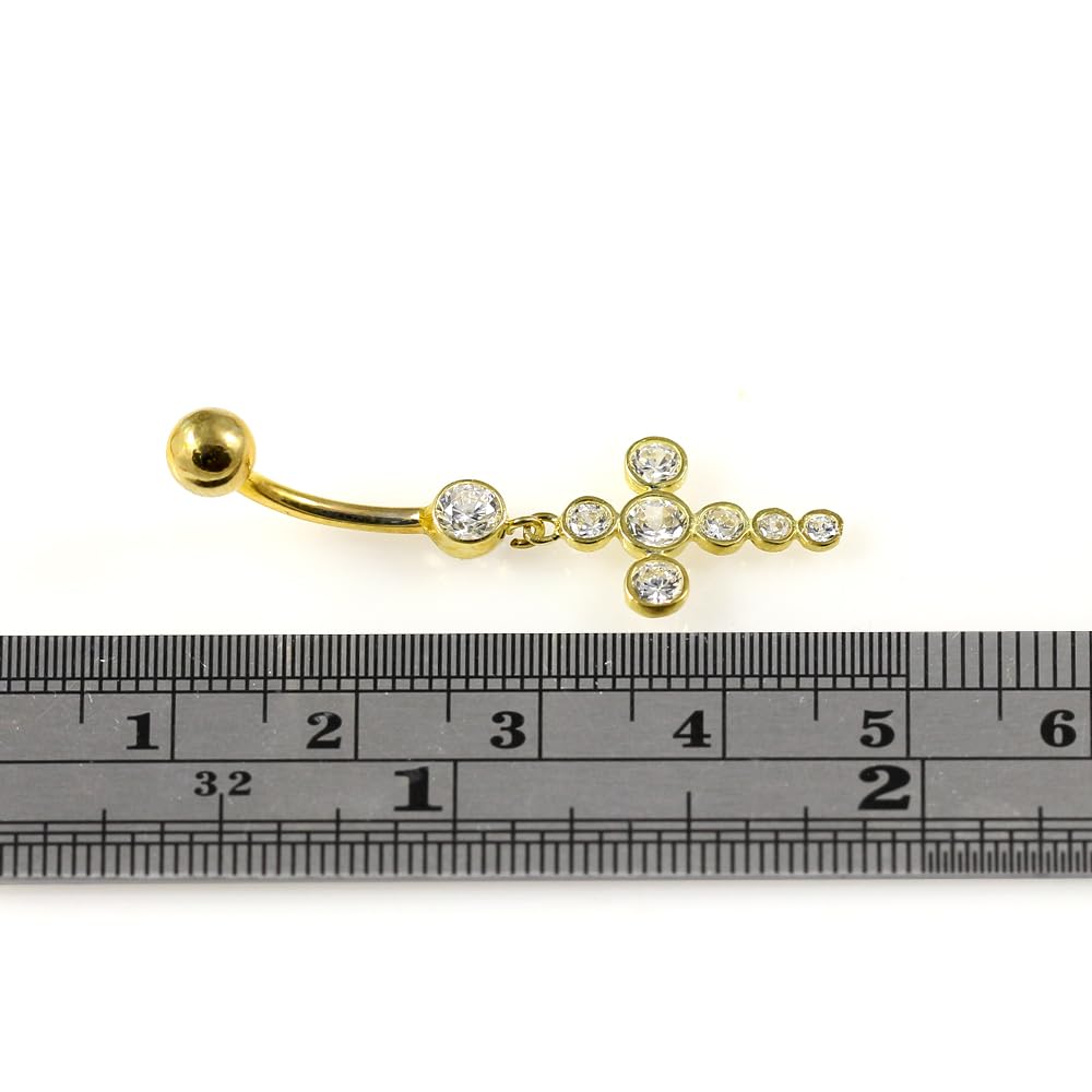 Piercing para ombligo de oro amarillo macizo de 14 quilates con circonita cúbica y cruz colgante – joyería para el ombligo de 14 quilates – Piercing para el ombligo calibre 14, 14 Gauge