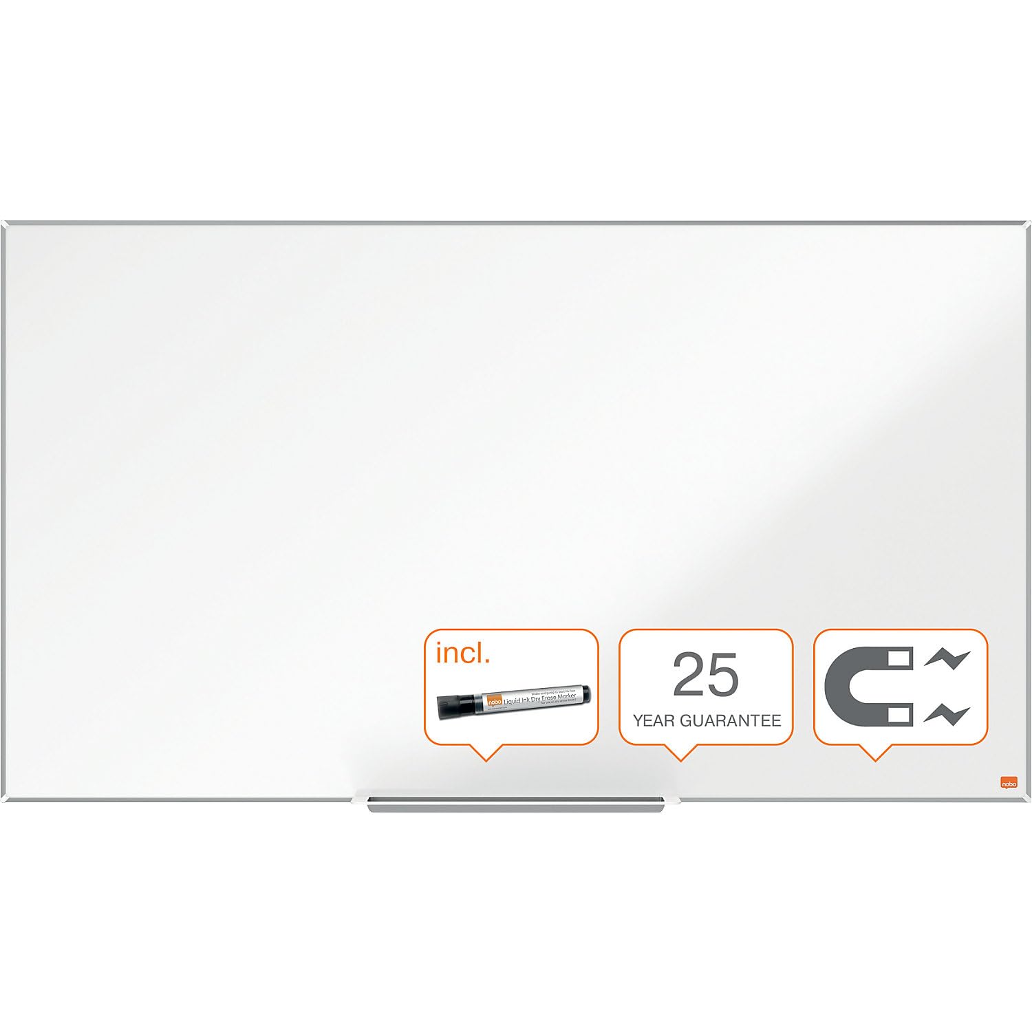 Nobo Panoramiczna emaliowana tablica magnetyczna z tacą na długopisy, 1220 x 690 mm, wąska ramka, system montażowy InvisaMount, Impression Pro, 122 x 69 cm, biała, 1915250