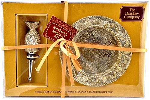 The Bombay Company 2-piece Resin Pineapple Wine Stopper & Coaster Gift Set, Silver/gold