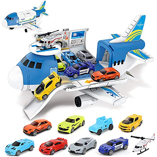 Fiotha Avion Jouet, Jeu pour VéHicule AéRien, Voiture Jouet, Ensemble de Jeu de Jouet de Voiture de Transport Avion 9 Voitures, 1 Grand Avion, 1 Avion, Jouet Enfant Garçons Filles