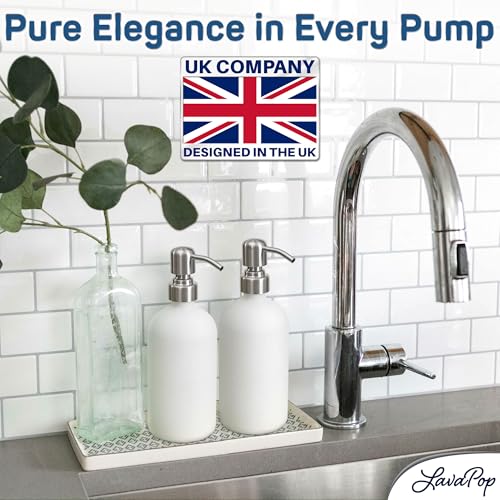 LavaPop Soap Dispenser Set (2 Pack, White), Stylish Glass Bottles w/Stainless Steel Pump & Non-Slip Silicone Coaster, Aesthetic Modern Liquid Hand Soap Dispensers for Kitchen & Bathroom - Cosy Home Interiors LavaPop Soap Dispenser Set (2 Pack, White), Stylish Glass Bottles w/Stainless Steel Pump & Non-Slip Silicone Coaster, Aesthetic Modern Liquid Hand Soap Dispensers for Kitchen & Bathroom - Image 3