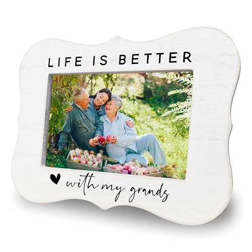 Life Is Better With My Grands Picture Frame for 4x6 Photos - White Wooden Tabletop Frame with Vintage Distressed Finish & Stand, Gift-Ready Box, Unique Gift for Grandma Grandpa from Grandchildren(B03)