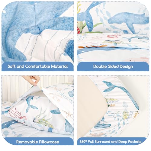 Image of 4 Piece Toddler Bedding Set, Ultra Soft and Breathable Toddler Comforter Sets for Boys & Girls, Crib Bedding Set Includes Quilted Comforter, Fitted Sheet, Flat Sheet and Pillowcase, Blue Ocean