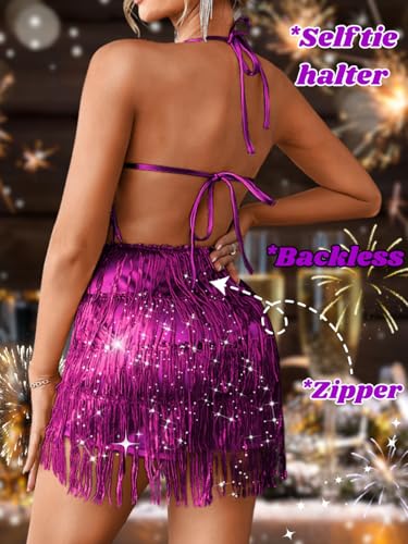 Image of Kaei&Shi Sequin Fringe Romper,Sparkly Glitter Metallic Jumpsuits For Women,Backless Shorts Dress Disco Birthday Dance Outfit