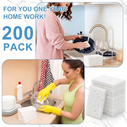 Image of Zhengmy 200 Pieces Sponges Bulk Sponges Kitchen Compressed Sponge Natural Dish Sponge Compressed Wood Pulp Cleaning Without Scratching for Kitchen Bathroom, 3.9 x 2.4 x 0.12 Inch (White)