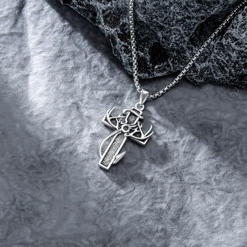 Cross Necklace for Men - 925 Sterling Silver Cross Deer Antler Fish Hook Pendant - Hunting Jewelry Gifts 22+23