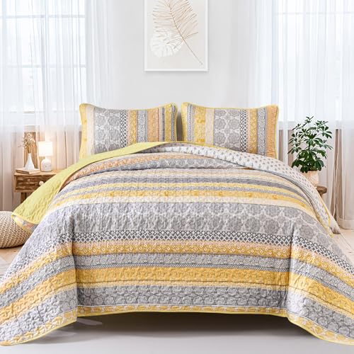 WONGS BEDDING Boho Quilt Set Queen Size, Yellow Bohemian 3 Pieces Fall Quilt Sets, Lightweight Bedspread Coverlet Bedding Set for All Season (96"x90")