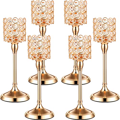 Sieral 6 Pieces Gold Crystal Cylinder Candle Holders Tall Candlestick For Table Centerpieces, 12 Inch Tea Light Stand Living Room Decor Home Fireplace Wedding Gift Party #TOP16