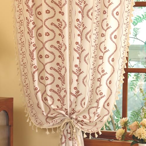Image of Boho Farmhouse Curtains for Living Room 2 Panels, Floral Fall Curtains 80 Inches Long,Privacy Country Vine Pattern Bedroom Curtain,Let Light in Window Drapes Beige