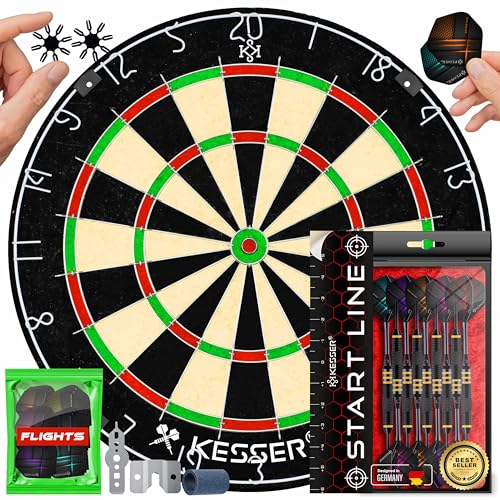 KESSER® Diana de Corcho con 9 Dardos, Diana Profesional + 21 Plumas Pro + Steeldart Diana Oficial, Punta de Metal, Incl. Juego de Montaje, Clásico