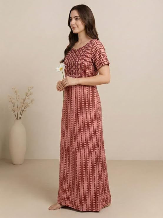 Image of Bahumaan Pure Cotton Nighty for Woman | Night Gown for Women with Pocket, Ideal for Loungewear | Maxi Nighty for Women Cotton (1, Pink, L-Bust-44)
