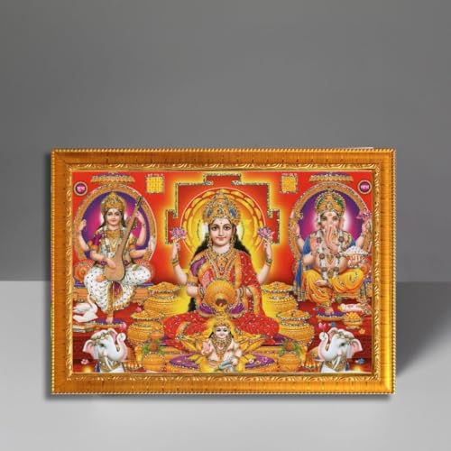 Image of CRAFT QUEST Lakshmi Devi with ganesh ji and saraswati mata Wall Painting Photo Frame for Diwali Pujan (Synthetic, Golden, Sparkle Finish, Small Size, 8 X 6 Inch)