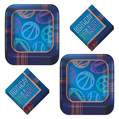 Sports Theme Party - Football, Baseball, Basketball, and Soccer (Birthday Baller Multi Sport Blue Paper Dinner Plates and Napkins (Serves 16))