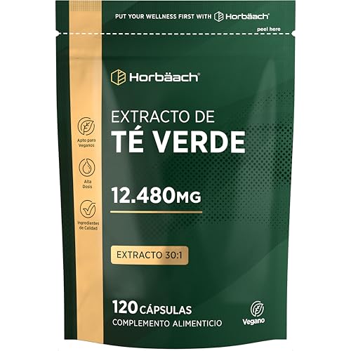 Té Verde Cápsulas 12480mg | Extracto de Hoja de Té Verde de Máxima Potencia | 6240mg por cápsula | 120 Comprimidos Veganos | by Horbaach