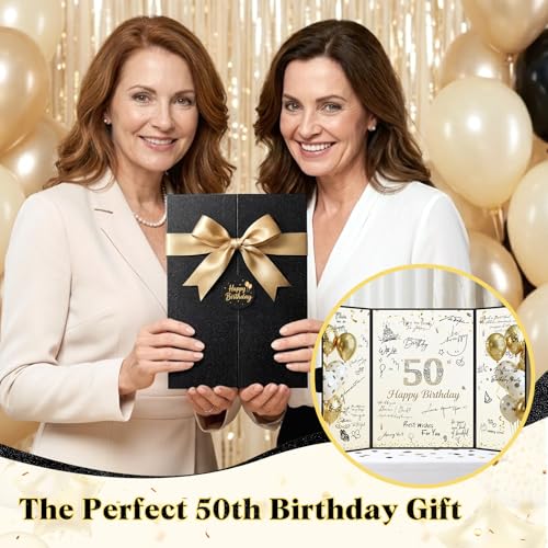 Image of 50th Birthday Guest Book Alternative, Black Gold Signature Board | 16.53 x 11.61 in trifold board, magnetic closure, starlight film, stands upright, pre-printed for 50th birthday wishes