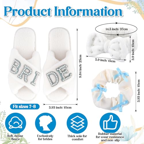 3 Pcs Bride to Be Gifts Set Bride Slippers Something Blue Hair scrunchie Pearl Headband for Wedding Day Engagement Bachelorette Party Supplies Bridal Shower Gifts3