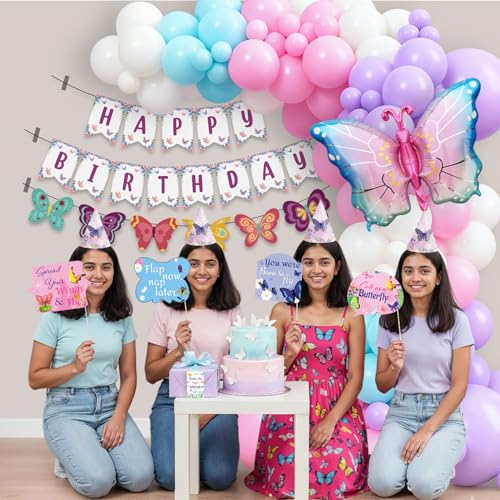 Image of Party Propz Butterfly Theme Birthday Decoration Kit - 132 Pcs, Multicolor Balloons, Butterfly Foil Balloon, Banners, Caps, Thank You Cards & Photo Props, Pink Theme Decorations for Girls