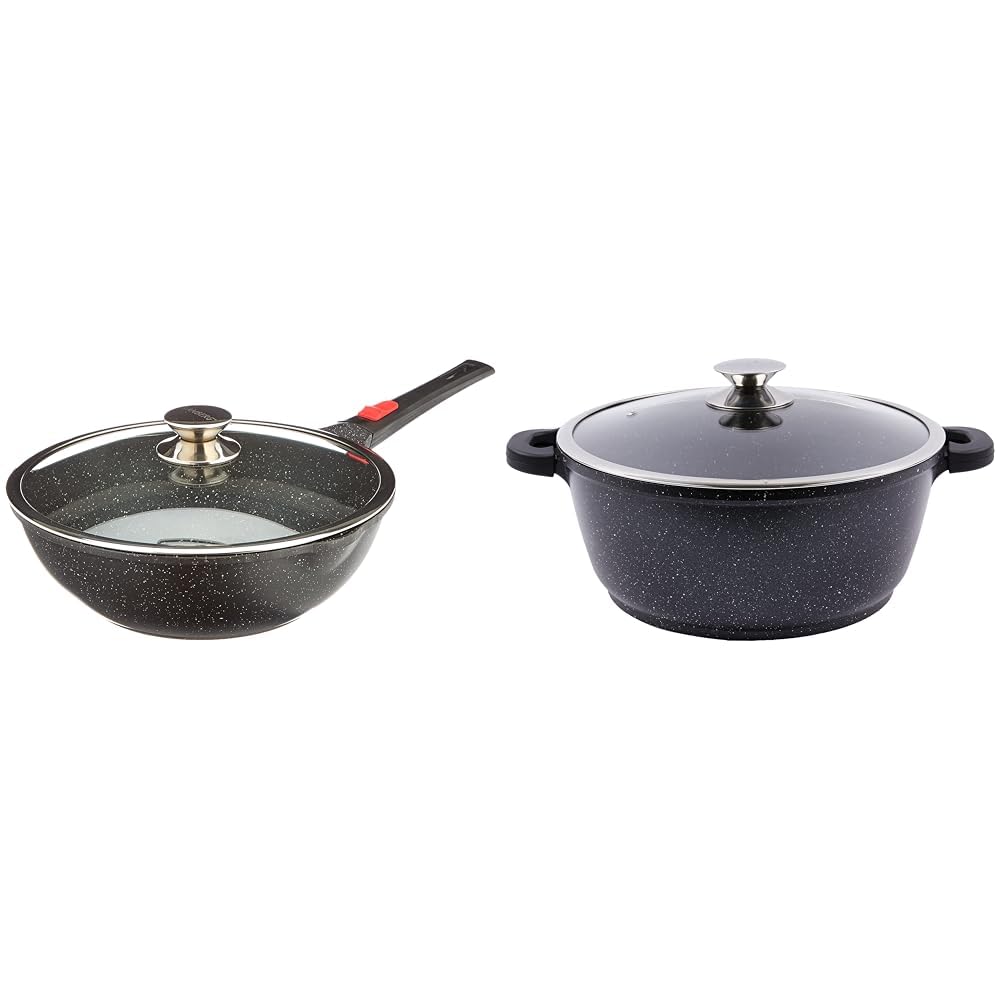 KAMBERG - Wok 30 cm - Manche Amovible - Fonte d'Aluminium - Revêtement pierre - Couvercle en Verre & Marmite Faitout 28 cm - Fonte d'Aluminium - Revêtement Type Pierre - Couvercle en Verre